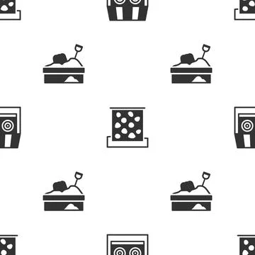 Set Shooting gallery, Climbing wall and Sandbox with sand on seamless patte.. Stock Illustration