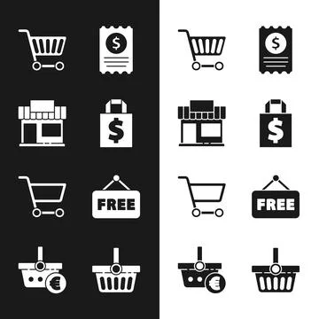Set Shoping bag and dollar, Shopping building or market store, cart, Paper check Ilustración de archivo