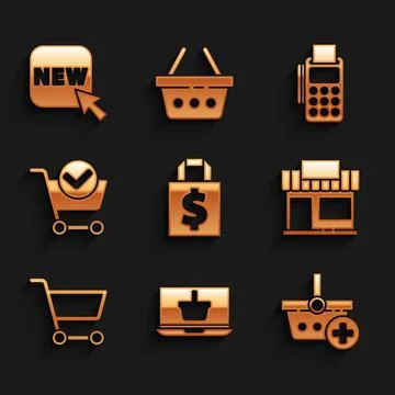 Set Shoping bag and dollar, Shopping basket on laptop, Add, building or market Ilustración de archivo