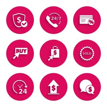 Set Shoping bag and dollar, Financial growth coin, Speech bubble with, Sold.. Stock Illustration