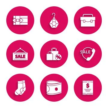 Set Shoping bag with discount, Stacks paper money cash, Paper check and Illustrazione stock