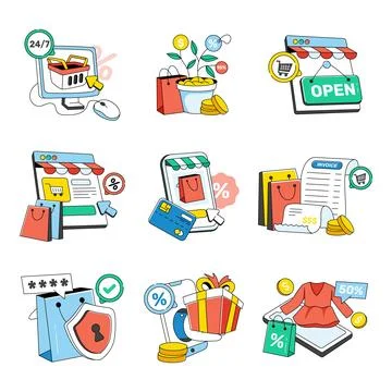 Set of Shopping and Ecommerce Doodle Icons Stock Illustration