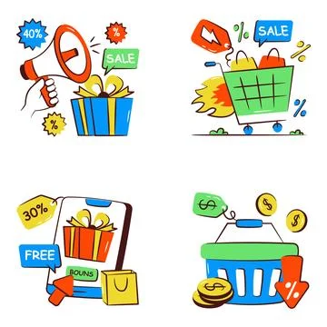 Set of Shopping and Ecommerce Doodle Icons Stock Illustration