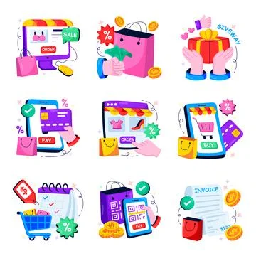 Set of Shopping and Ecommerce Flat Illustrations Illustrazione stock