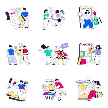 Set of Shopping and Ecommerce Flat Illustrations Stock Illustration