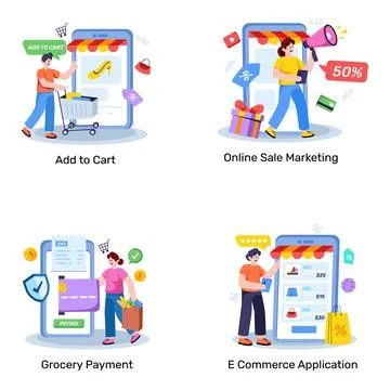 Set of Shopping and Ecommerce Flat Illustrations Stock Illustration