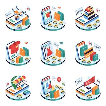 Set of Shopping and Ecommerce Isometric Illustrations Stock Illustration