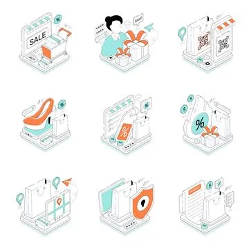 Set of Shopping and Ecommerce Isometric Illustrations Stock Illustration