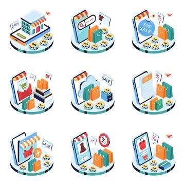 Set of Shopping and Purchase Isometric Illustrations Stock Illustration