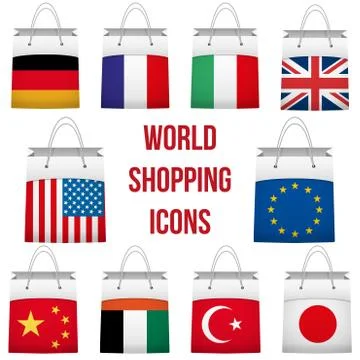 Set Shopping bag with flag of different country. World trading 库存插图