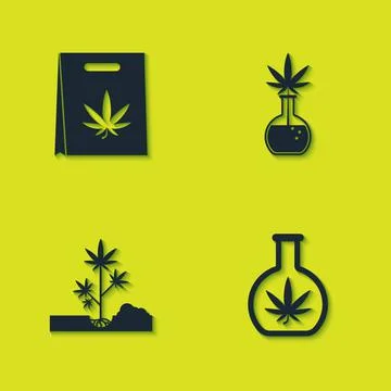 Set Shopping bag of marijuana, Test tube with, Planting and icon. Vector Stock Illustration
