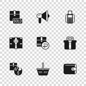 Set Shopping basket, Gift box, Wallet, Return cardboard, POS terminal, Sold.. Stock Illustration