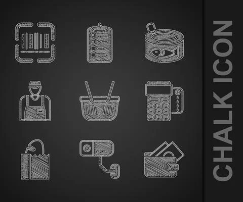 Set Shopping basket, Security camera, Wallet with money, POS terminal credit Stock Illustration