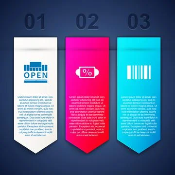 Set Shopping building and open, Discount percent tag and Barcode. Business Stockillustratie