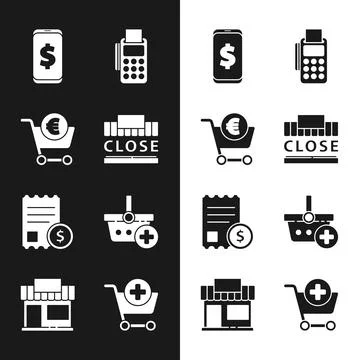 Set Shopping building and text closed, cart euro, Smartphone with dollar, P.. Ilustración de archivo