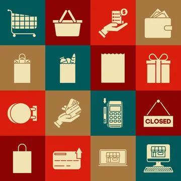 Set Shopping building on screen computer, Hanging sign with text Closed, Gift Stock Illustration