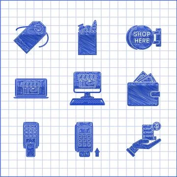 Set Shopping building on screen computer, POS printed reciept confirms the by Ilustración de archivo