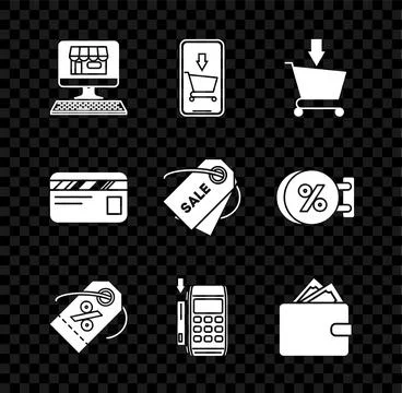 Set Shopping building on screen computer, Add to, Discount percent tag, Pos t Illustrazione stock