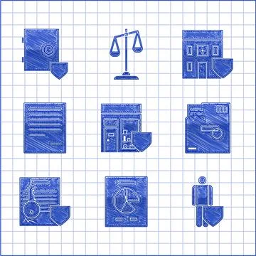 Set Shopping building with shield, Document graph chart, Life insurance, Or.. Ilustración de archivo
