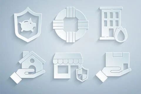 Set Shopping building with shield, Fire burning house, House insurance, Delivery Ilustración de archivo