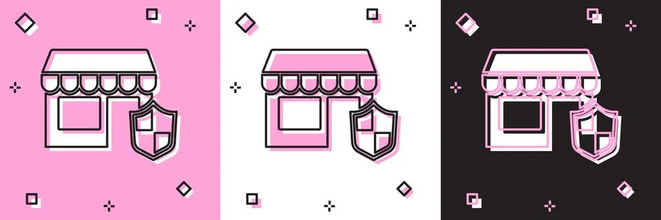 Set Shopping building with shield icon isolated on pink and white, black ba.. Ilustración de archivo