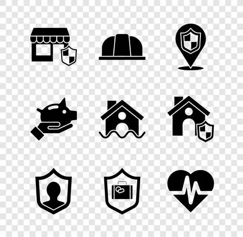 Set Shopping building with shield, Worker safety helmet, Location, Life Ilustración de archivo