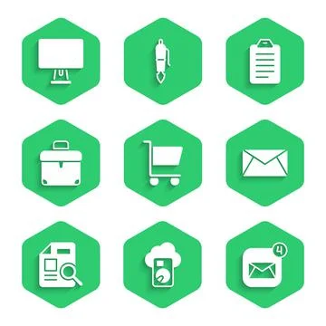 Set Shopping cart, Cloud database, Envelope, Mail and e-mail, Document with Stock Illustration