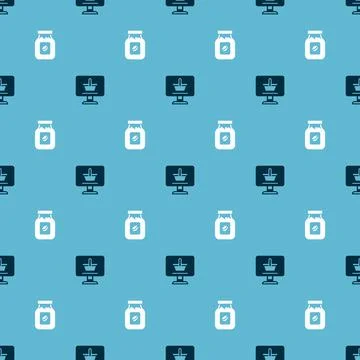 Set Shopping cart on computer and Coffee jar bottle on seamless pattern. Vector Illustrazione stock