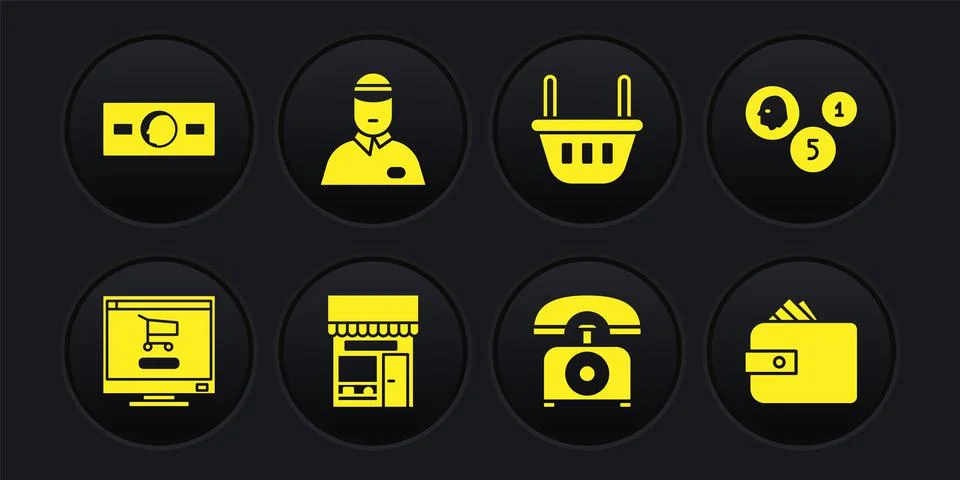 Set Shopping cart on computer, Coin money, building or market store, Telephone Ilustración de archivo