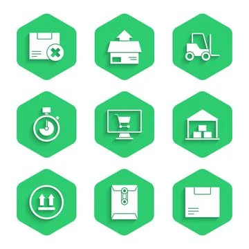 Set Shopping cart on computer, Envelope, Carton cardboard box, Warehouse, This Stock Illustration