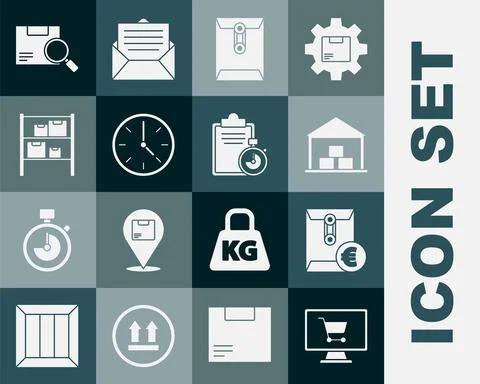 Set Shopping cart on computer, Envelope with euro symbol, Warehouse, Clock Stock Illustration