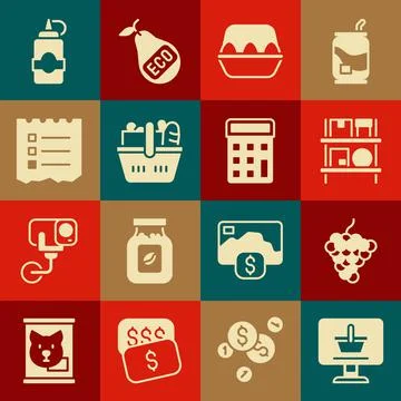 Set Shopping cart on computer, Grape fruit, Warehouse interior with boxes Stock Illustration