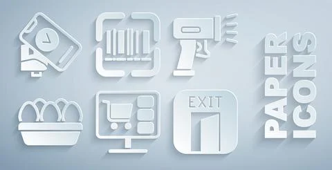 Set Shopping cart on computer, Scanner scanning bar code, Chicken egg box, Fire Illustrazione stock