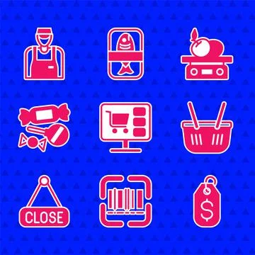 Set Shopping cart on computer, Scanner scanning bar code, Price tag with dollar Illustrazione stock