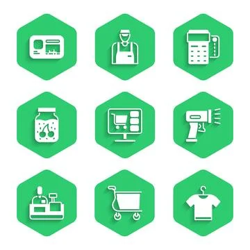 Set Shopping cart on computer, T-shirt, Scanner scanning bar code, Cashier .. Stock-Illustration