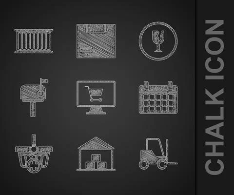 Set Shopping cart on computer, Warehouse, Forklift truck, Calendar, Add to Stock Illustration