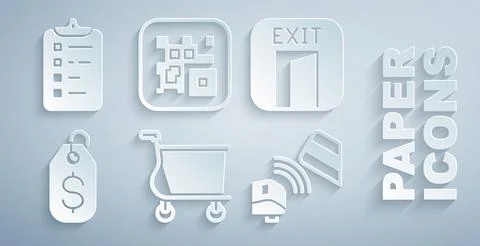 Set Shopping cart, Fire exit, Price tag with dollar, POS terminal credit card Stock Illustration
