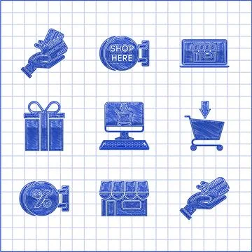 Set Shopping cart on screen computer, building or market store, Human hand Ilustración de archivo