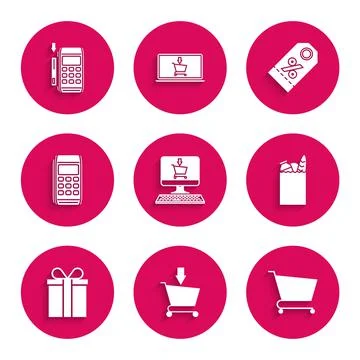 Set Shopping cart on screen computer, Add to, Paper shopping bag and food, Gift Stock-Illustration