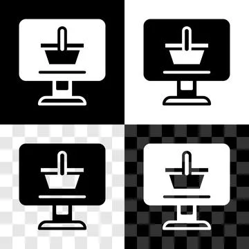 Set Shopping cart on screen computer icon isolated on black and white Illustrazione stock