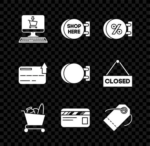 Set Shopping cart on screen computer, Signboard hanging with an inscription shop Stock-Illustration