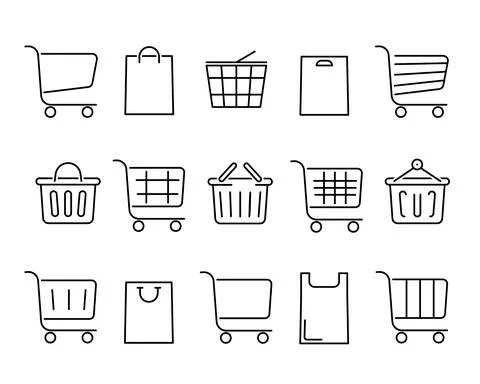 Set of shopping carts flat icon. Pictogram for web. Line stroke. Baskets isol Stock Illustration