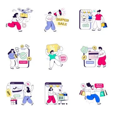 Set of Shopping Flat Illustrations Stock Illustration