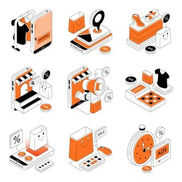 Set of Shopping Isometric Illustrations Stock Illustration