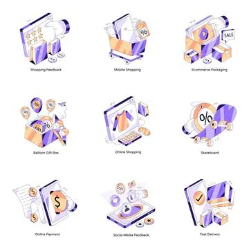 Set of Shopping Isometric Illustrations Stock Illustration