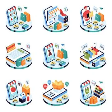 Set of Shopping Isometric Illustrations Stock Illustration