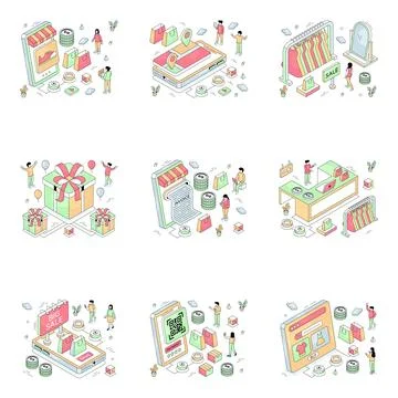 Set of Shopping Isometric Illustrations Stock Illustration