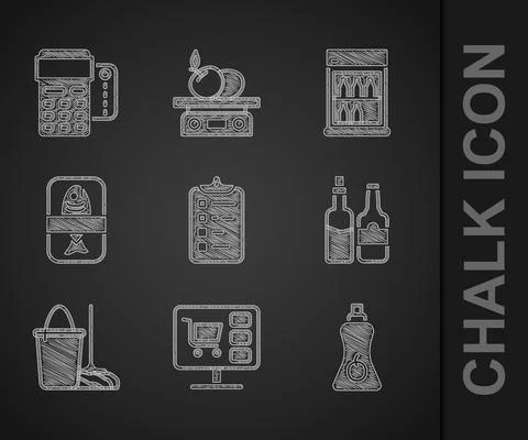Set Shopping list, cart on computer, Sauce bottle, Whiskey, Mop and bucket, Fish Stock-Illustration