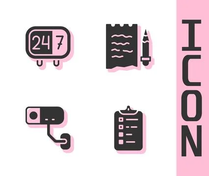 Set Shopping list, Clock 24 hours, Security camera and and pencil icon. Vecto Stock Illustration