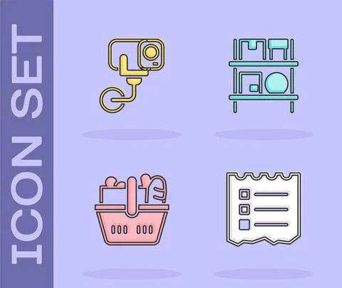 Set Shopping list, Security camera, basket and food and Warehouse interior with Ilustração Stock